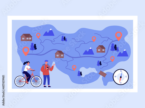 Friends examining hiking map vector illustration. Forest trail, houses, trees and hills on map. People running or cycling using navigation app and compass. Hiking, sport, healthy lifestyle concept