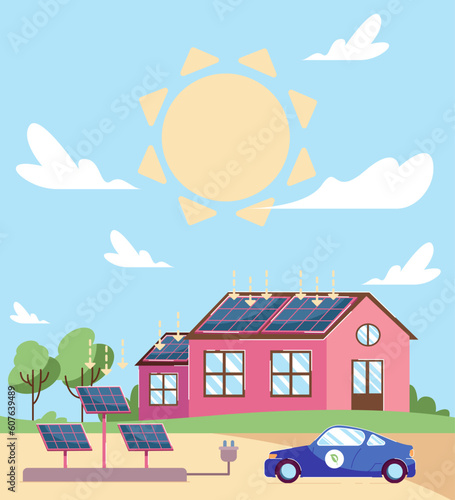 Solar panels on private buildings vector illustration. Eco-friendly house with recyclable energy batteries and electric car. Solar power, renewable energy, smart home technology