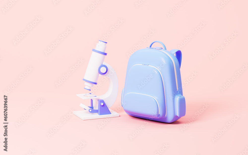 Cartoon schoolbag and microscope on the pink background, 3d rendering. Cartoon schoolbag and microscope on the pink background, 3d rendering.