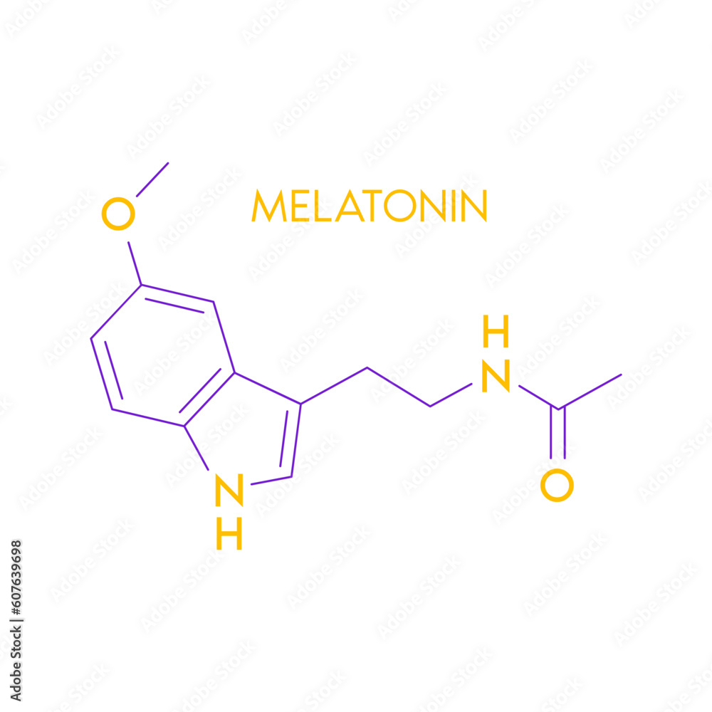 Melatonin structural chemical formula isolated on white background. Hormone melatonin promote deep sleep. Medical scientific concepts. Vector EPS10 illustration.