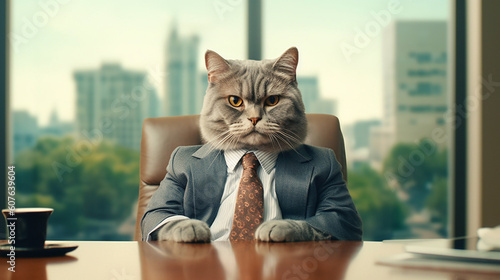 A cat boss wearing a formal business suit in an office for a meeting or interview. Created using Generative AI.
