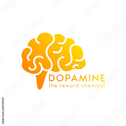 Brain chemistry dopamine. The reward chemical. Brain orange logo icon design isolated on white background. Happy chemicals concept. For use web app mobile, print media. Vector EPS10.