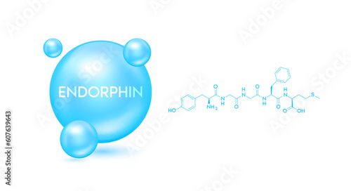 Endorphin model blue and structural chemical formula. Symbol 3D icon isolated on white background. Hormone in human brain. Medical scientific concepts. Vector EPS10.