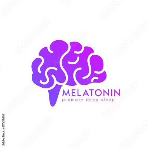 Brain chemistry. Melatonin promote deep sleep. Brain purple logo icon design isolated on white background. Happy chemicals concept. For use web app mobile, print media. Vector EPS10.