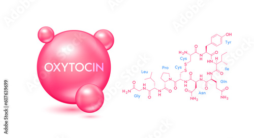 Oxytocin model red and structural chemical formula. Symbol 3D icon isolated on white background. Hormone in human brain. Medical scientific concepts. Vector EPS10.