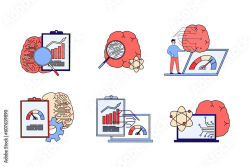 AI analysis charts and elements outline vector illustrations set. Cartoon drawings of digital brain with circuit, laptop with gauge, engineer. Artificial intelligence, modern technology concept