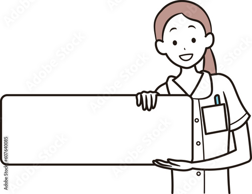 日本人ナースが案内している様子と吹き出しのイラスト素材