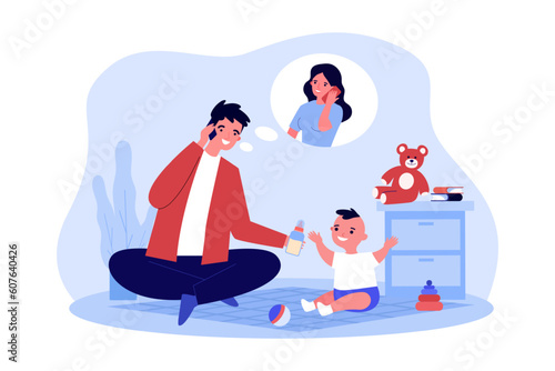 Happy man giving milk bottle to newborn son while calling wife. Father feeding and playing with baby at home, mother in thought bubble vector illustration. Family, care, parenting, fatherhood concept