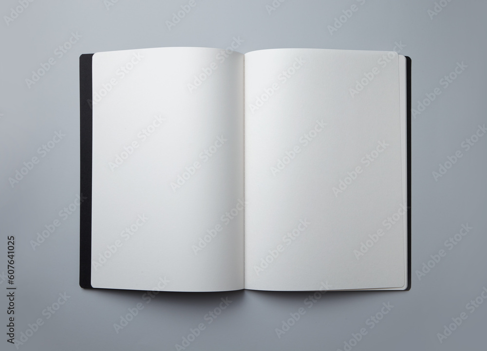 Open blank book with black cover isolated on white background. Top view. Open blank book with black cover isolated on white background. Top view.