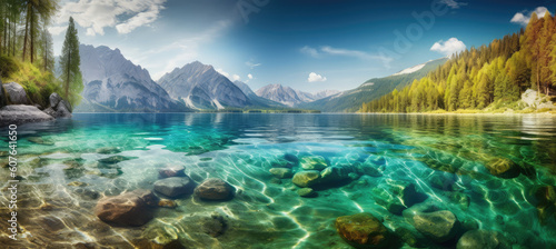 a screenshot of an image of water with mountains, generative AI © Kien