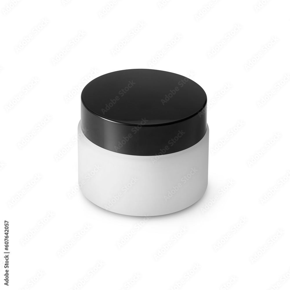 Round white matte plastic jar with black lid for cosmetics - body cream, butter, scrub, bath salt, gel, skin care, powder. Round white matte plastic jar with black lid for cosmetics - body cream, butter, scrub, bath salt, gel, skin care, powder.