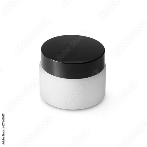 Round white matte plastic jar with black lid for cosmetics - body cream, butter, scrub, bath salt, gel, skin care, powder.