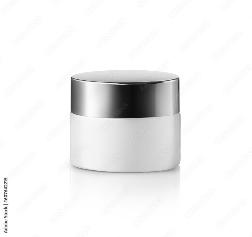 Round white matte plastic jar with silver lid for cosmetics - body cream, butter, scrub, bath salt, gel, skin care, powder. Round white matte plastic jar with silver lid for cosmetics - body cream, butter, scrub, bath salt, gel, skin care, powder.