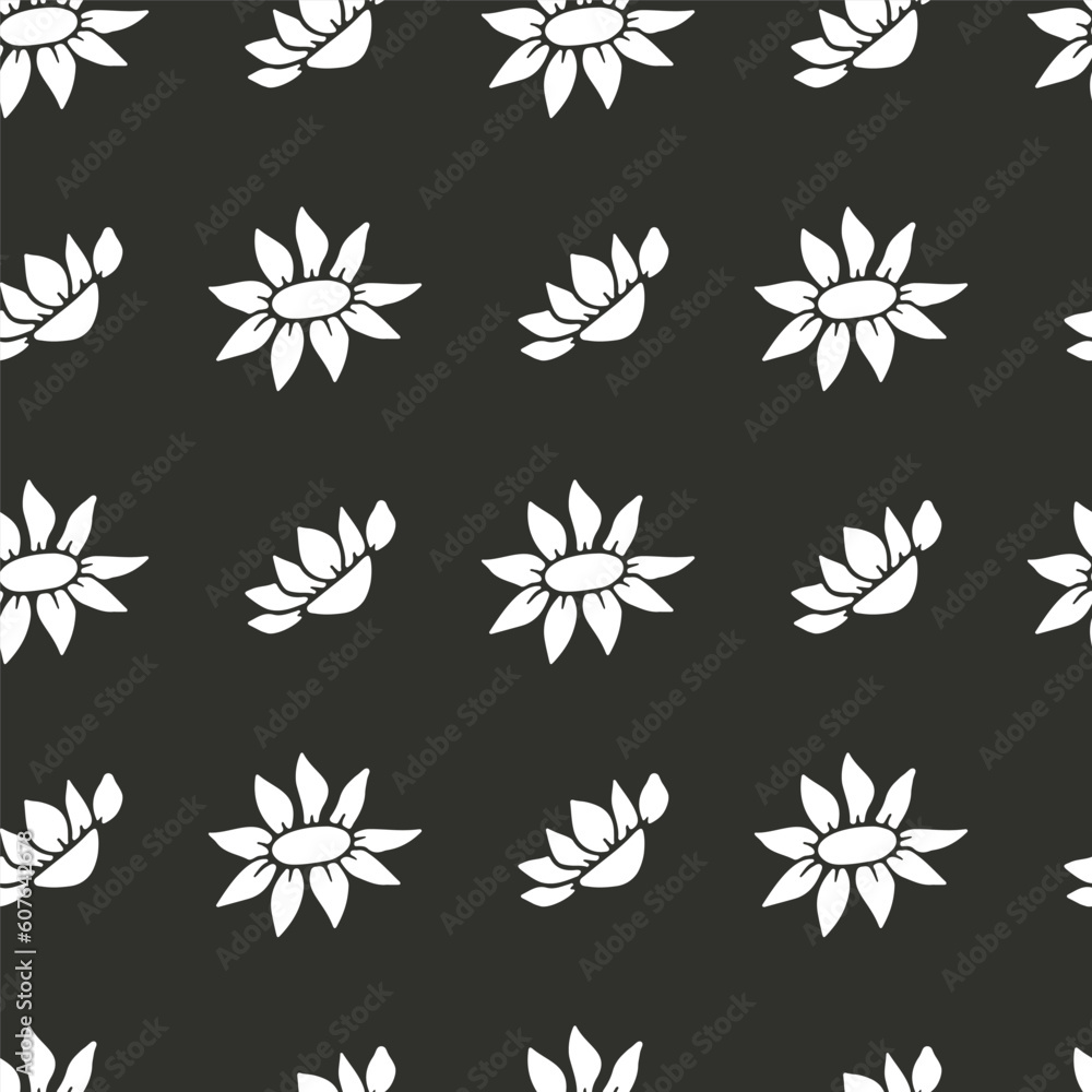 Ditsy monochrome seamless pattern with white flowers on black background. Retro floral repeat pattern.