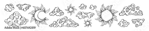Tarot sun and moon esoteric set. Engraved tarot elements with celestial and antique symbols. Vector illustration isolated in white background