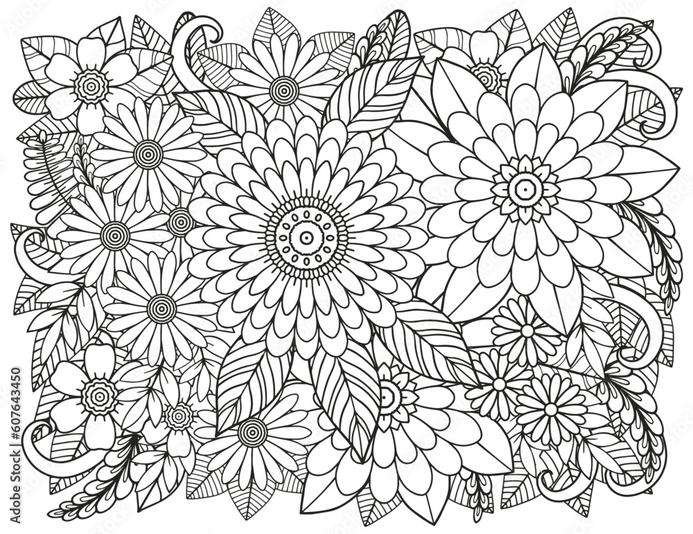  Vector carpet of flowers. Antistress coloring book for adults.    