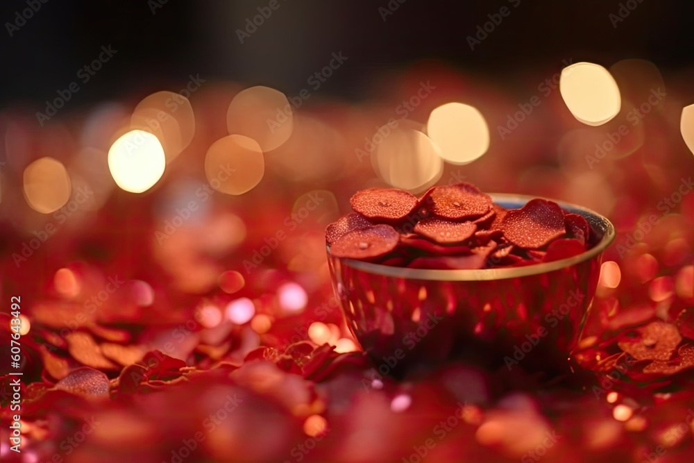 shiny red bowl filled with glittering gold coins on a wooden table Generative AI shiny red bowl filled with glittering gold coins on a wooden table Generative AI