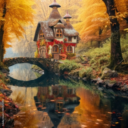 Wooden house in the forest with autumn trees. river side  generative ai