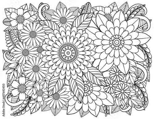  Vector carpet of flowers. Antistress coloring book for adults. 