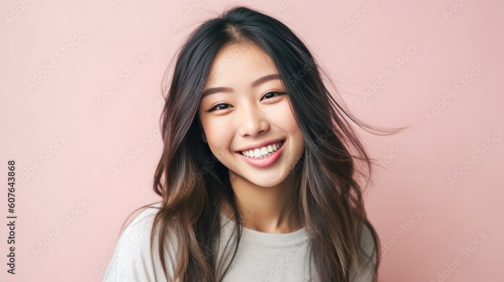 Smiling fancy fascinating young woman of Asian ethnicity 20s years old on plain pastel light pink background. People emotions lifestyle concept. Generative AI. Smiling fancy fascinating young woman of Asian ethnicity 20s years old on plain pastel light pink background. People emotions lifestyle concept. Generative AI.
