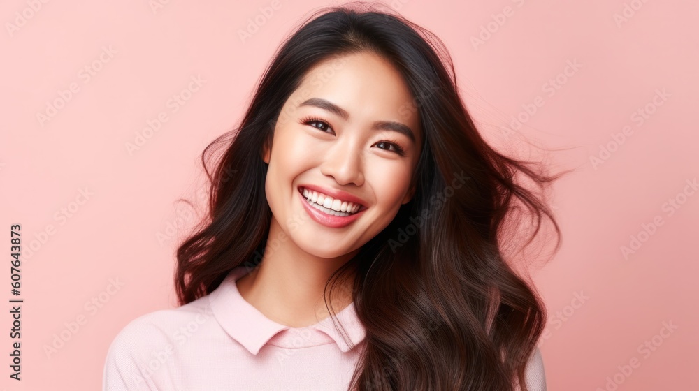 Smiling fancy fascinating young woman of Asian ethnicity 20s years old on plain pastel light pink background. People emotions lifestyle concept. Generative AI. Smiling fancy fascinating young woman of Asian ethnicity 20s years old on plain pastel light pink background. People emotions lifestyle concept. Generative AI.