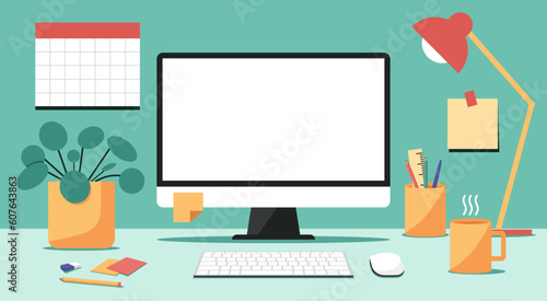 home office workspace concept, blank screen desktop computer on table with keyboard, mouse, cup, pencil holder, lamp and plant on desk, and post it note, calendar on wall, vector flat illustration photo