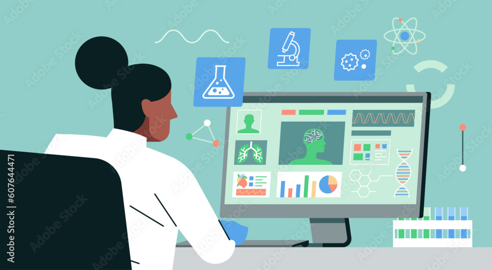 medical research concept, professional scientist woman working on the computer in the laboratory with microscope and beaker icon, equipment, and test tubes on desk, vector flat illustration medical research concept, professional scientist woman working on the computer in the laboratory with microscope and beaker icon, equipment, and test tubes on desk, vector flat illustration
