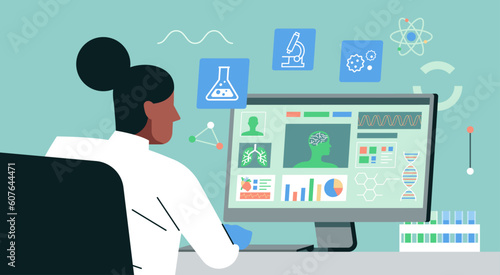 medical research concept, professional scientist woman working on the computer in the laboratory with microscope and beaker icon, equipment, and test tubes on desk, vector flat illustration