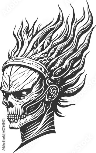 The Indian tribes-inspired skull emblem features a dark-themed design, ideal for t-shirt designs. It combines elements of Indian tribes culture with a skull motif