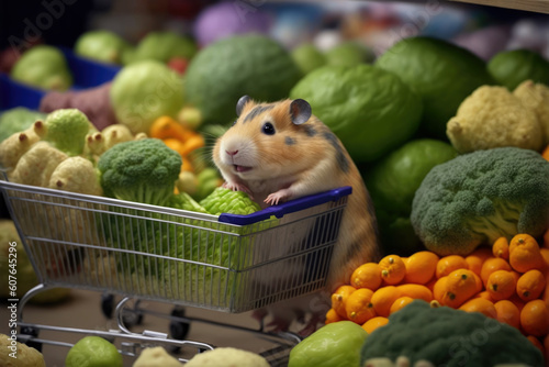 A cute hamster packs a shopping cart full of vegetables in the produce section of its local grocery store, finally deciding to stop being such a freeloader.