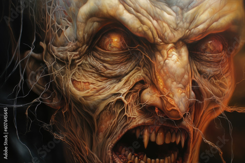 A close up of the grotesque face of a vampire, with deep wrinkles etched into the skin and bulging veins that seem ready to burst at any moment.