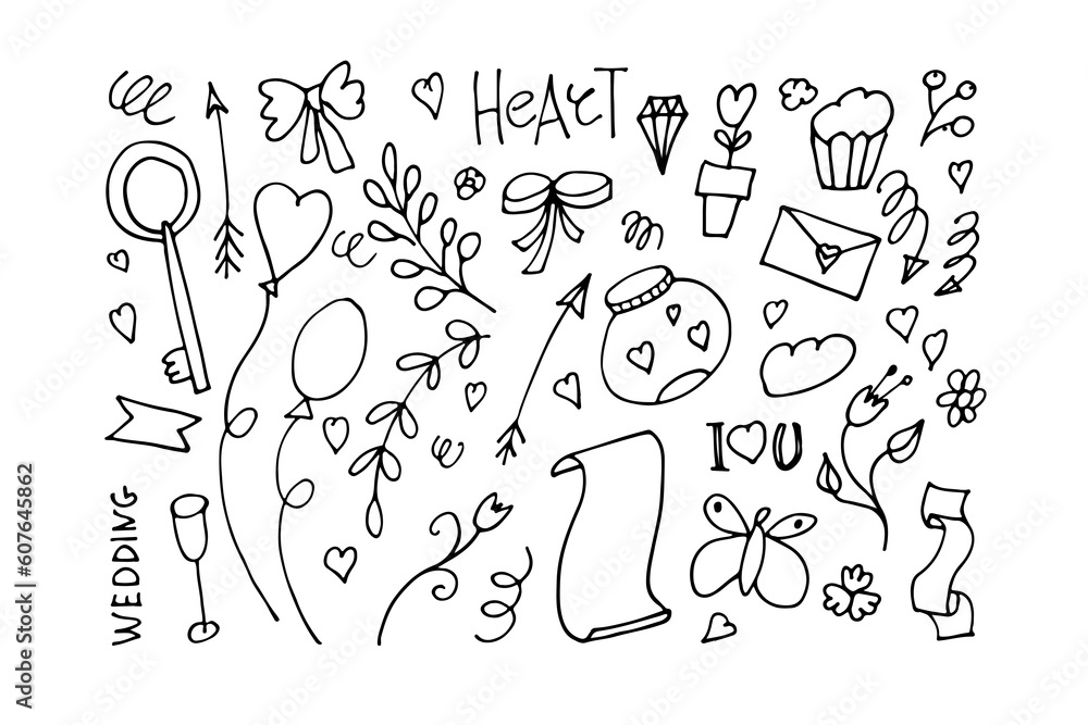 Love doodle collection. Wedding icon set. Romantic Decorative elements ...