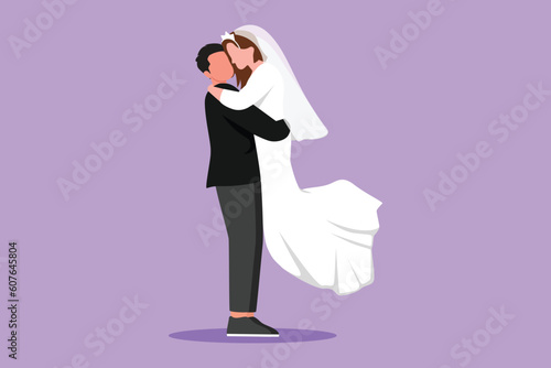 Cartoon flat style drawing romantic married couple in love kissing and hugging with wedding dress. Happy man carrying a beautiful woman in wedding party celebration. Graphic design vector illustration