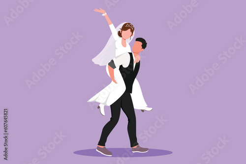 Character flat drawing of sweet married couple with man in suit carrying woman with wedding dress on his back. Happy romantic couple in love celebrate wedding party. Cartoon design vector illustration