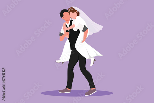 Graphic flat design drawing husband carry his wife on his back. Romantic couple with wedding dress. Relationship concept in supporting and helping in any situation. Cartoon style vector illustration