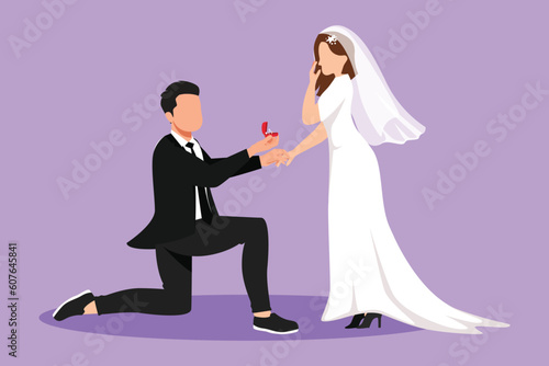 Character flat drawing man kneeling offering engagement ring to his girlfriend. Handsome guy on knees proposing girl to marry. Marriage proposal with wedding dress. Cartoon design vector illustration