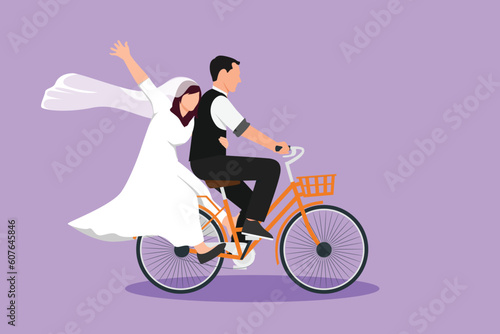 Cartoon flat style drawing happy married couple having fun on date riding bicycle in love at park. Back view of romantic teenage couple ride bike with wedding dress. Graphic design vector illustration
