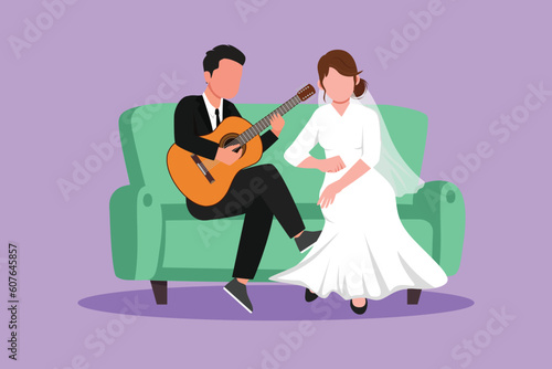 Character flat drawing married couple in love. Man with suit is playing guitar to his wife in living room on sofa. Cute woman with wedding dress listen and singing. Cartoon design vector illustration