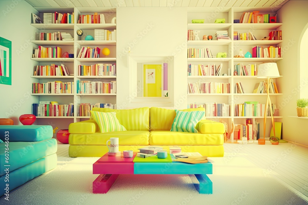 cozy living room with a bookshelf and various furniture pieces Generative AI cozy living room with a bookshelf and various furniture pieces Generative AI