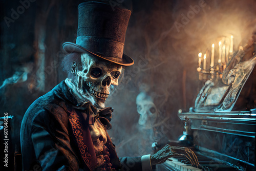 A creepy skeleton wearing a tuxedo and a top hat sits in a dim, smoky room and plays an old piano.