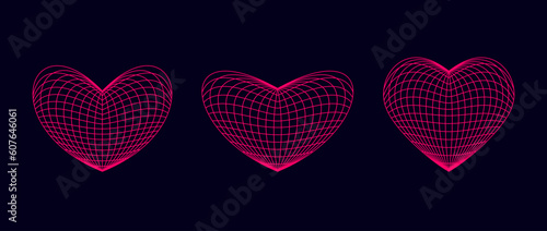 Pink wireframe heart shapes set. grids. Grid design element. Love or cardiology concept for posters, templates, flyers, banners. Vector illustration pack 