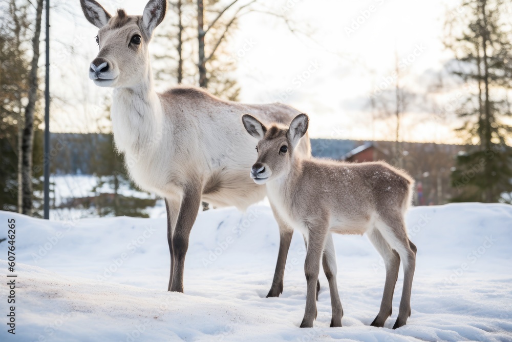 two deer standing on a snowy landscape Generative AI two deer standing on a snowy landscape Generative AI