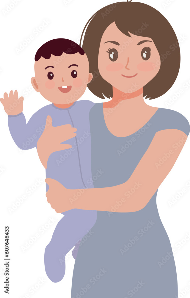 Portait of young woman young mom holding a cute little baby illustration