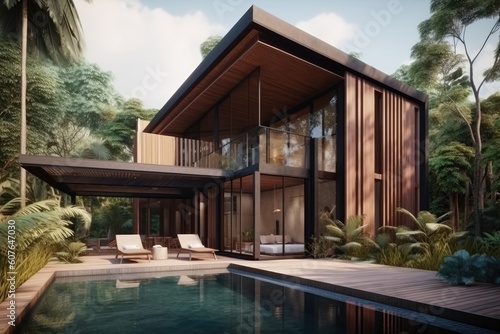 modern house with a beautiful outdoor pool in the foreground Generative AI © AkuAku