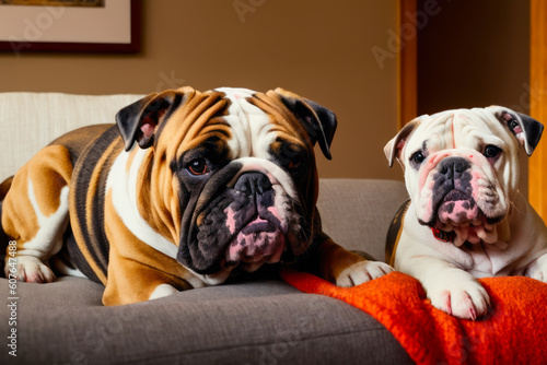 Digital photo of a cute English bulldog sitting on the cozy sofa in the modern living room. Generative AI