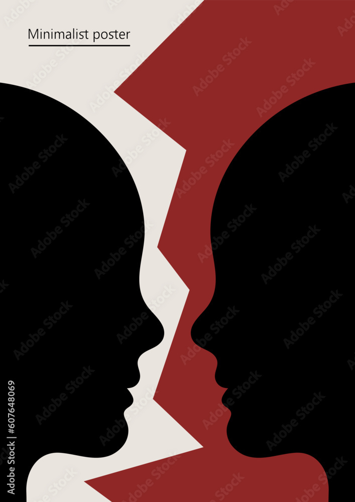 Artwork, minimalist poster design in red and black colors. Abstract wall art. Vector illustration with silhouettes of people's heads. Social relationships, disagreements, difference.