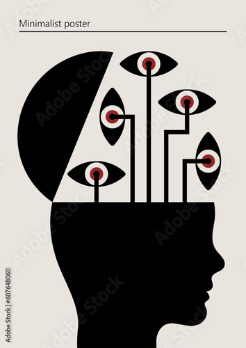 Artwork, minimalist poster design in red and black colors. Abstract wall art. Vector illustration on the theme of science, knowledge, curiosity.
