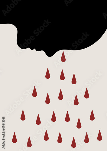 Artwork, minimalist poster design in red and black colors. Abstract wall art. Vector illustration on the theme of mental illness, depression, sadness.