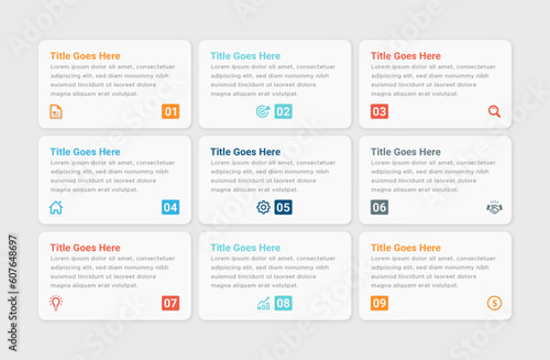 Simple and Clean Presentation Modern Business Infographic Design Template with 9 Bar of Options