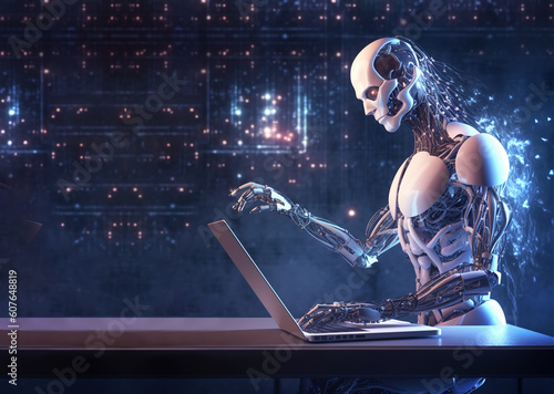 Artificial intelligence, robot use computer laptop. Technology big data analysis. Generative AI.